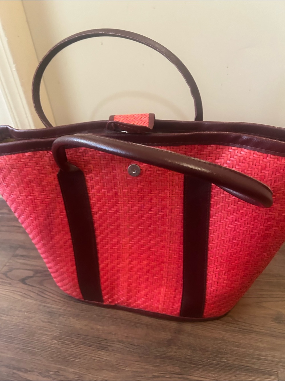 Woven Red Tote Bag with Brown Trim